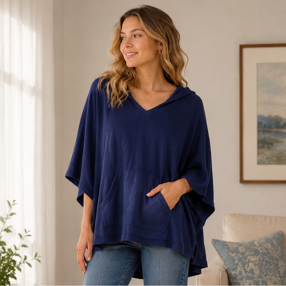 XCVI Navy Blue Hooded Poncho Sweatshirt Top Oversized Kangaroo Pocket - Small